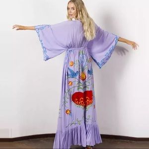 Maxi Dress Kimono Bohemian Embroidered Lilac Hearts Magic Gown, REPOSHING
